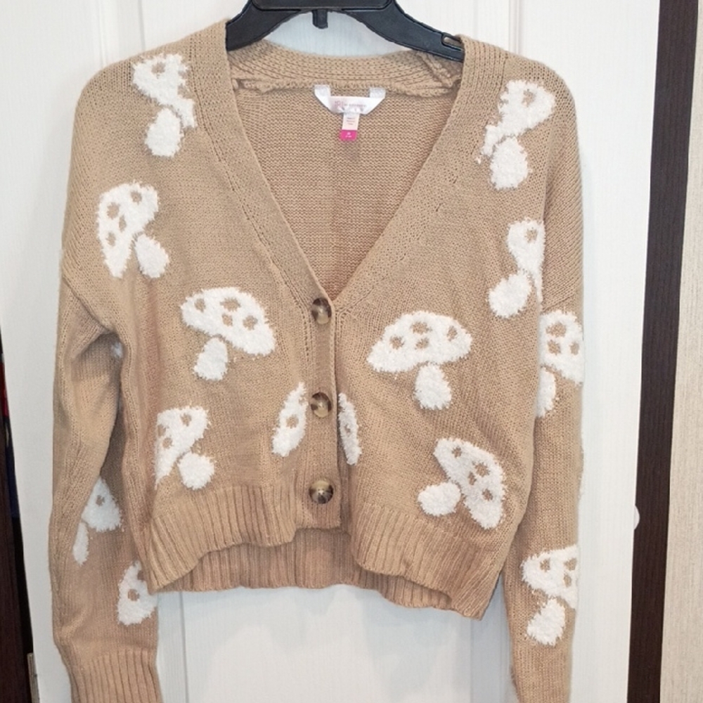 No Boundaries Tan Cardigan with White Mushroom Design